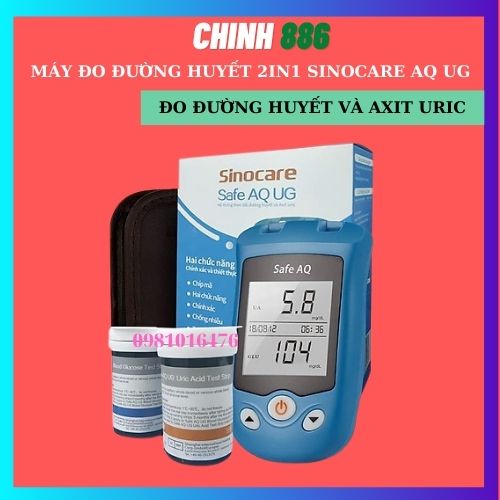 Máy đo đường huyết, Axit Uric 2 trong 1 Sinocare Safe AQ UG + que thử đường huyết và que thử Axit Uric