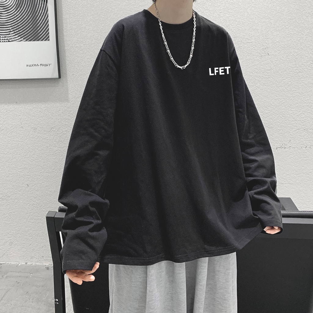 Áo thun tay dài cổ tròn dáng rộng in chữ giản dị thoải mái thời trang mùa đông phong cách hàn quốc cho nam m-5xl