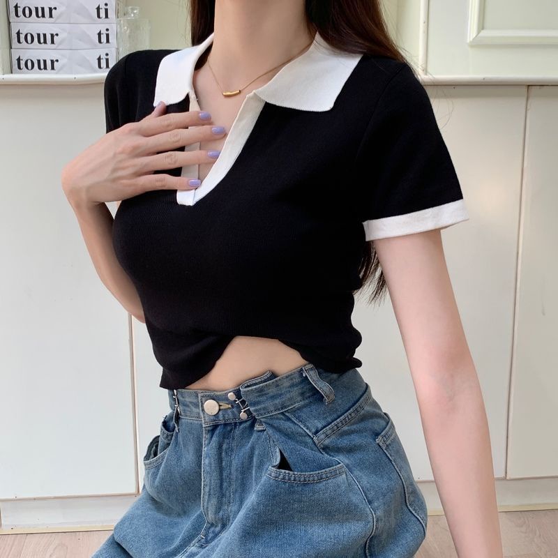 Áo polo Dệt Kim Tay Ngắn Hở Vai Thời Trang Mùa Hè 2022 Dành Cho Bạn Nữ