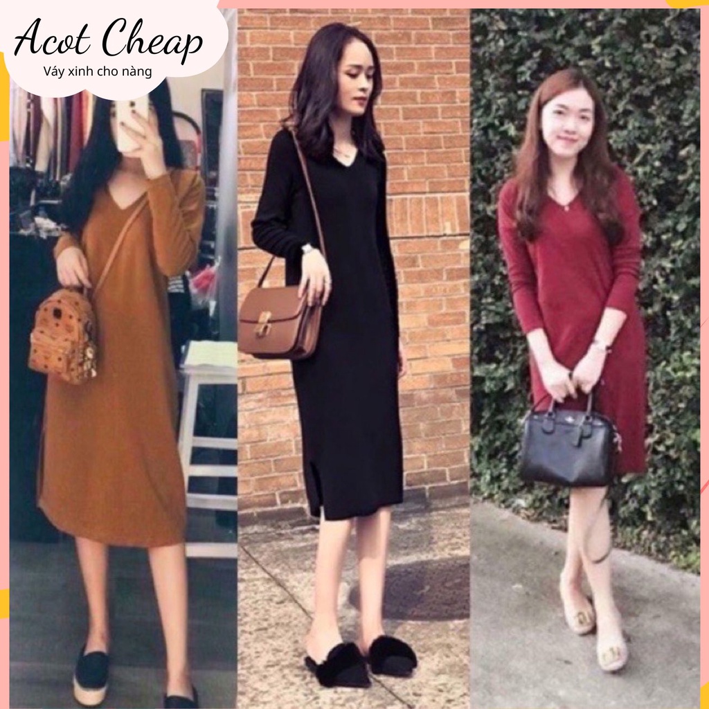 Đầm len tăm dài tay dáng xuông cổ tim nhiều màu - Đầm len nữ from rộng hàng đẹp