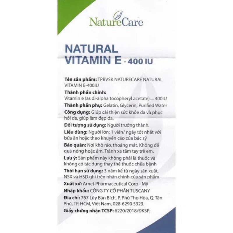 Viên Uống Natural Vitamin E 400 Iu Naturecare  Đẹp Da 60 Viên