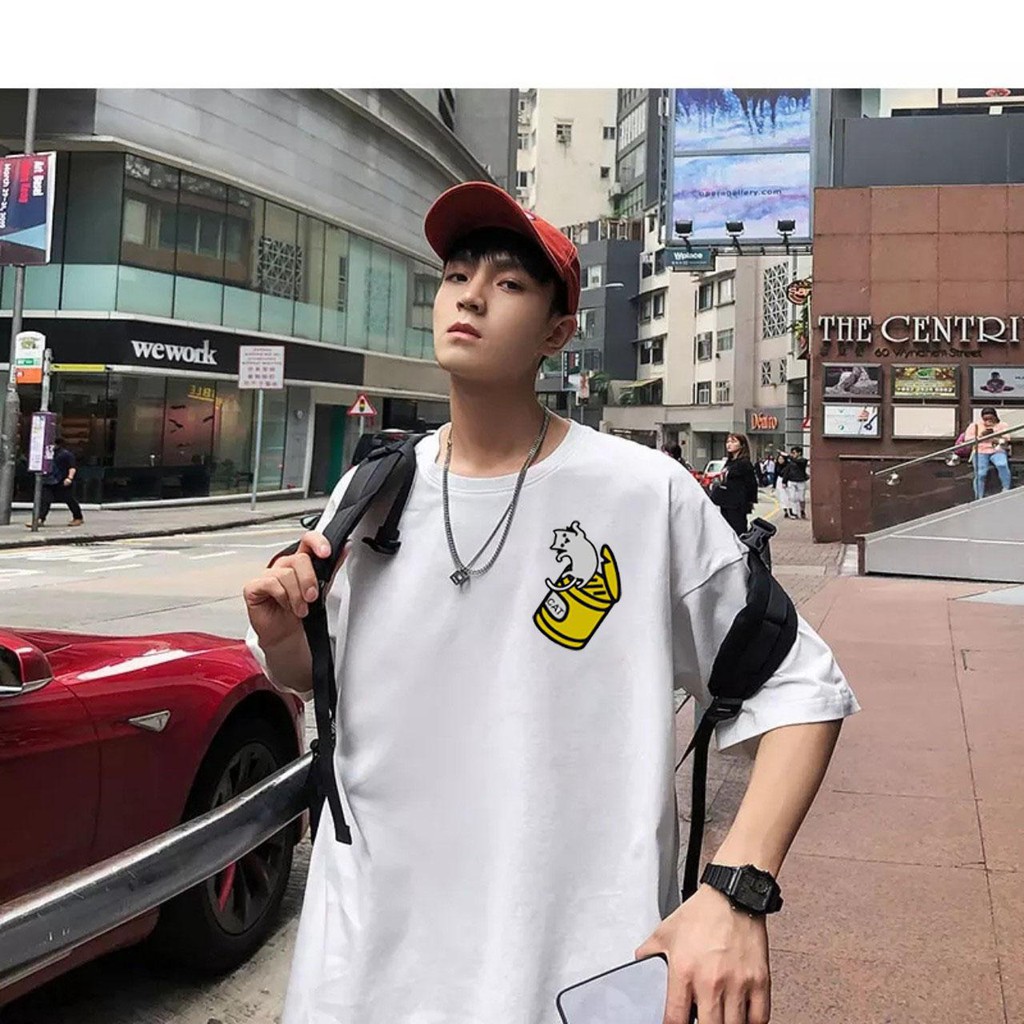 Áo THUN NAM Ngắn Tay Không Cổ  In Họa Tiết Phong Cách CHú MÈO CAT CAN trong Lon màu đen và trắng Trùm Unisex | BigBuy360 - bigbuy360.vn