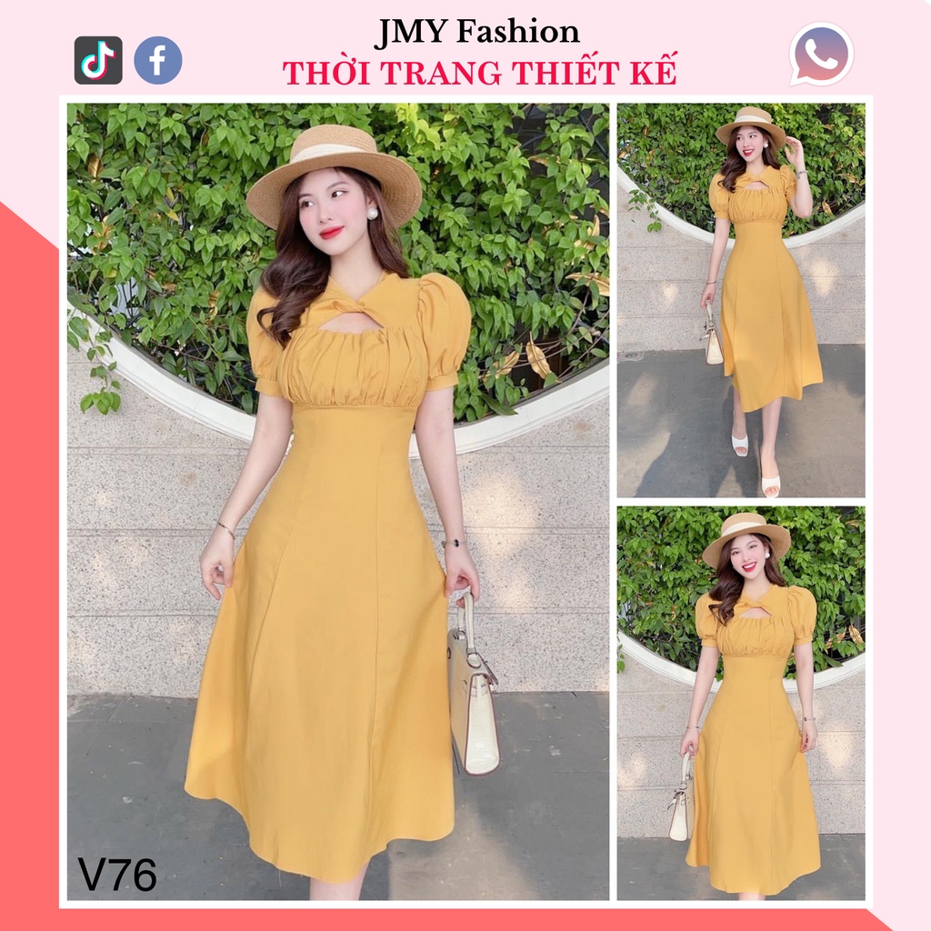 V76 Váy vàng cổ xoắn xếp ly ngực dáng A dài tiểu thư - TH Hà Thanh
