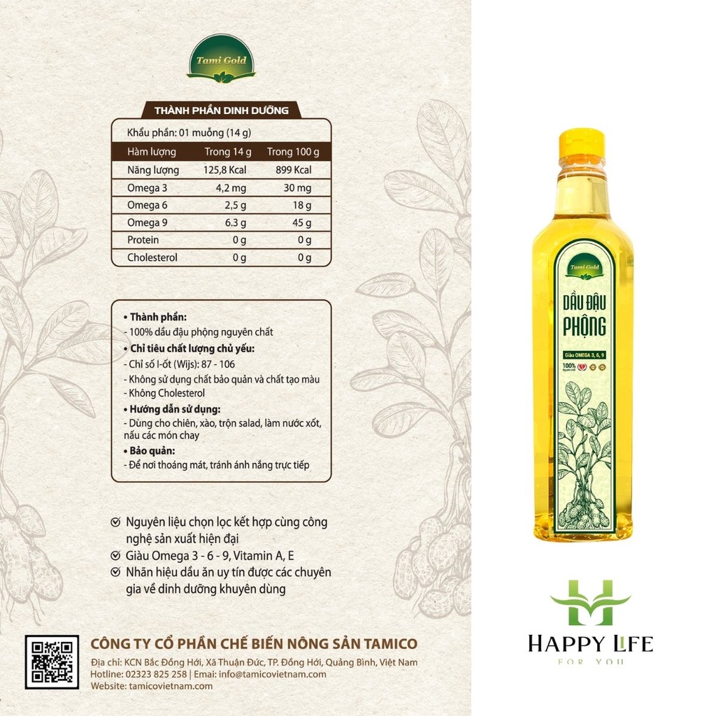 Dầu ăn, dầu phộng, dầu lạc nguyên chất  ép lạnh 1L giàu omega 369, tiêu chuẩn xuất Châu Âu - Happy Life 4U