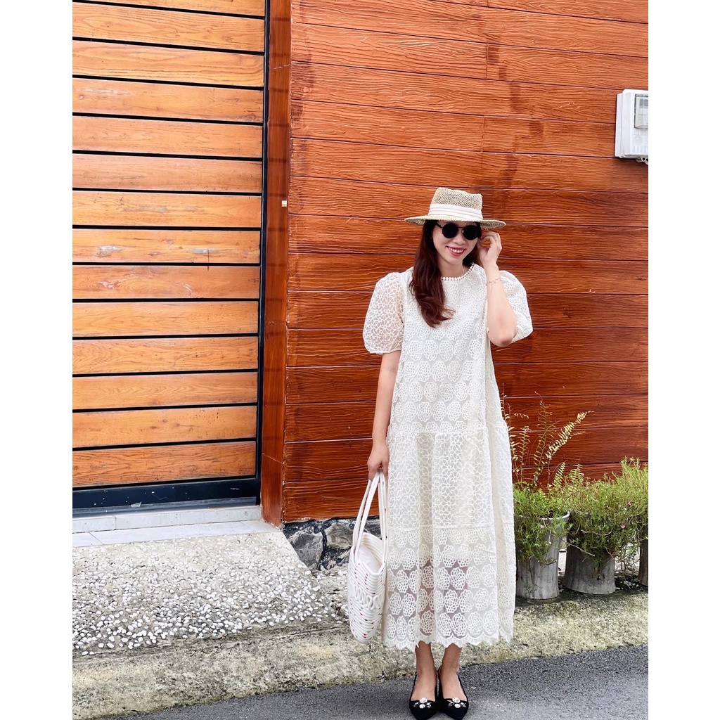 (HÀNG SẴN) Váy babydoll dáng dài chất ren thêu, đầm suông dài form rộng BIGSIZE màu kem tay ngắn có lớp lót