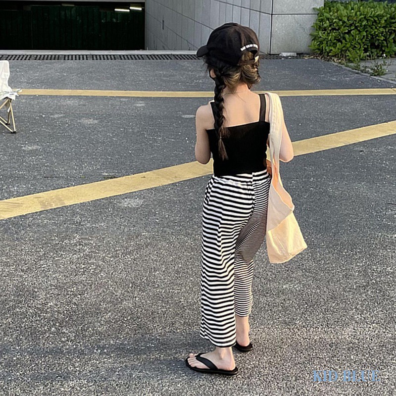 Quần Dài Ống Rộng Họa Tiết Kẻ Sọc Trắng Đen Phong Cách Hàn Quốc Thời Trang Mùa Hè Cho Bé Gái