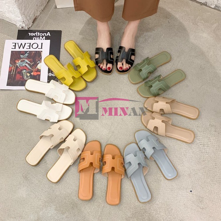 Dép Nữ Mũi Vuông Chữ H Da Xịn, Giày Dép Nữ Đế Bệt Chữ H Thời Trang, Dép Nữ Quai Ngang MINAN STORE Si