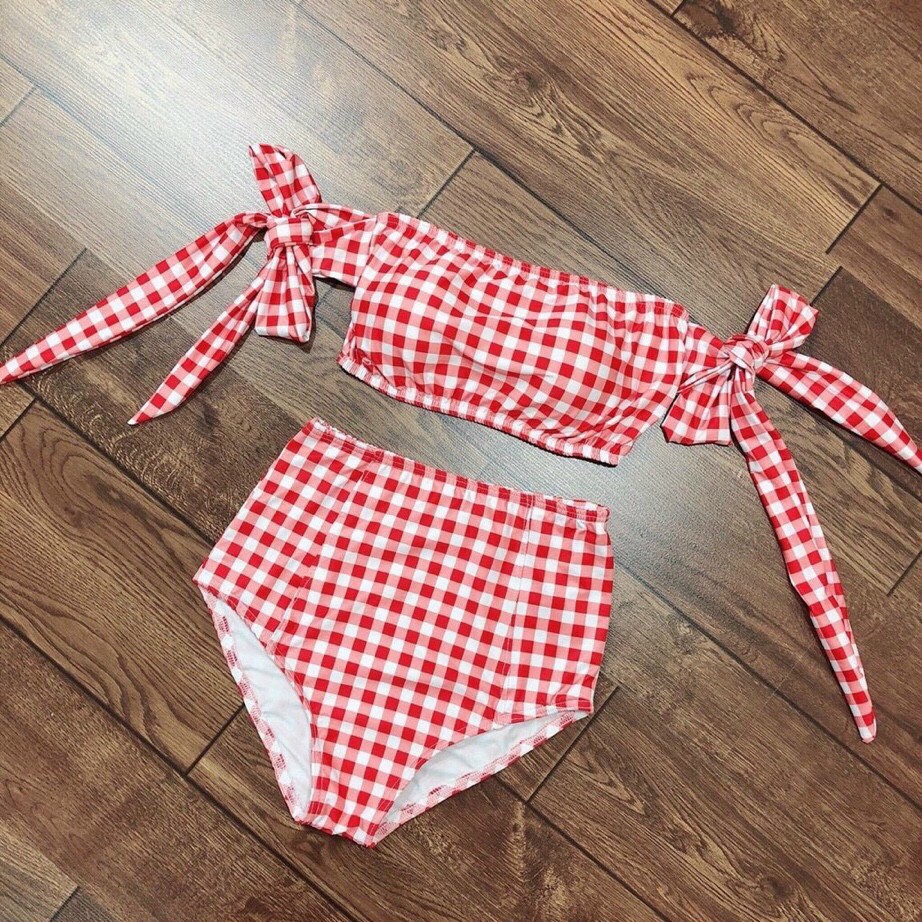 Bikini 2 Mảnh , Đồ Bơi Nữ Đi Biển Caro Nơ Vai Đỏ Quần Cạp Cao D'LAVENDER BKN 30