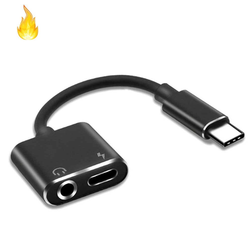 2 in1 Type-C to 3.5mm Headphone Jack Adaptor/Connector Charger, Earphone Aux Audio &amp; Charge Adaptor black