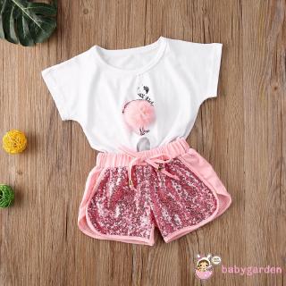ღ♛ღBaby Girls Summer Casual Clothes Flamingo Pattern Plush Ball Decoration Short Sleeve Round Collar Tops +Sequins Shorts Set