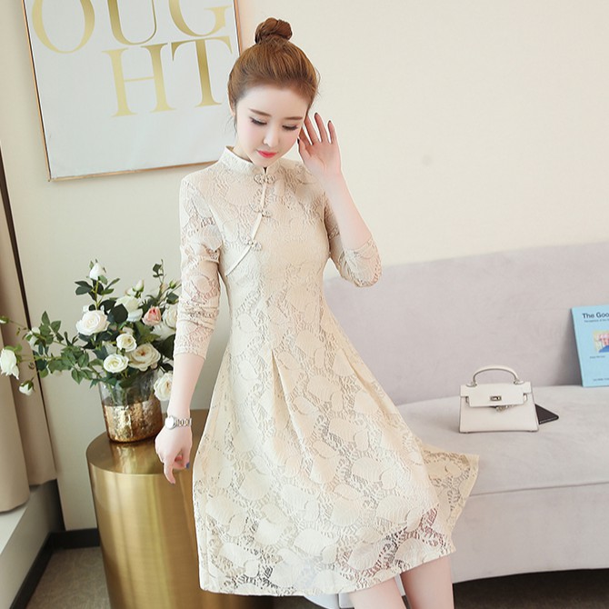 Váy Sườn Xám Ren Cổ Điển