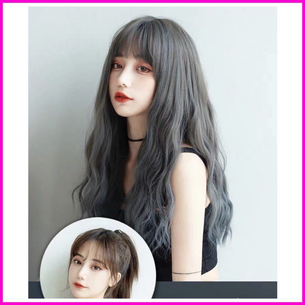 Tóc giả nữ cao cấp nguyên đầu xù omber khói xanh xu hướng 2021