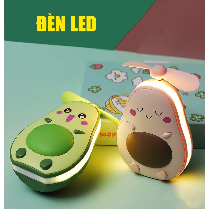 Quạt Mini Cầm Tay Hình Quả Bơ Kèm Gương Soi Và Đèn LED