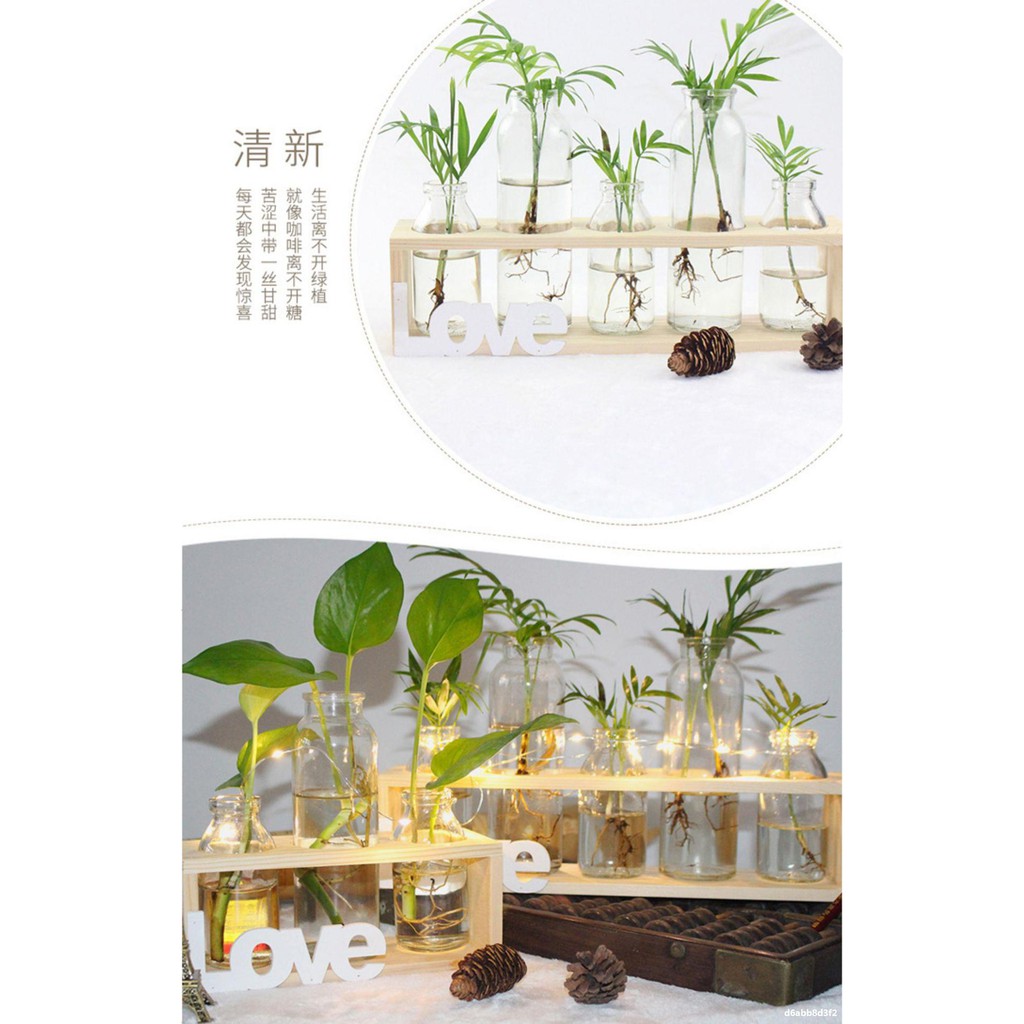 Bộ 5 bình hoa thủy tinh kèm kệ gỗ chữ Love tặng dây bố trang trí - Lọ hoa decor Dumi Shop