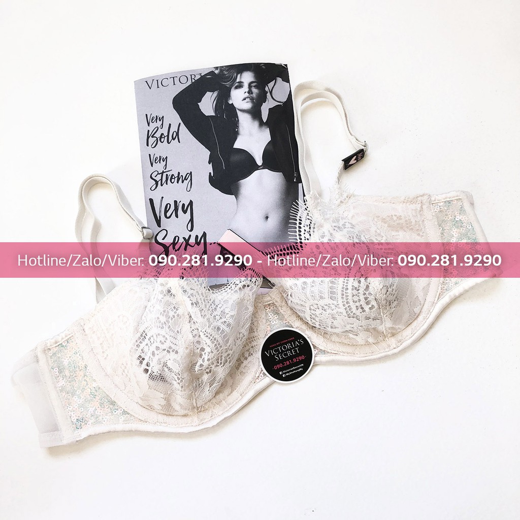 -32B/B70- Áo màu trắng phối ren, kết cườm, không mút nâng, dòng Dream Angels Victoria's Secret USA