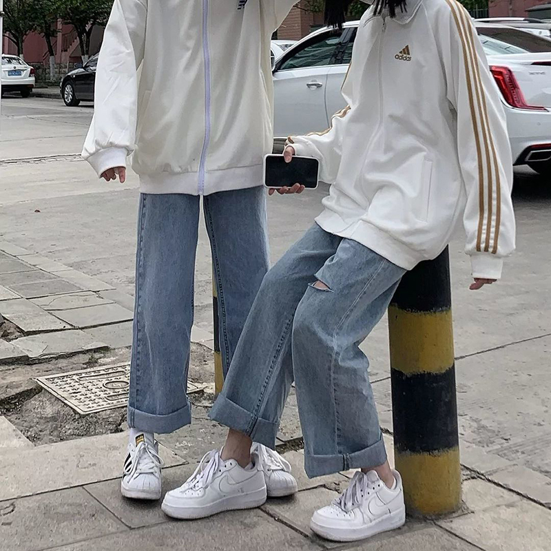 Autumn New Retro Hole Jeans Women Loose All Fit High Waist Pants Fashion Wide Straight Pants