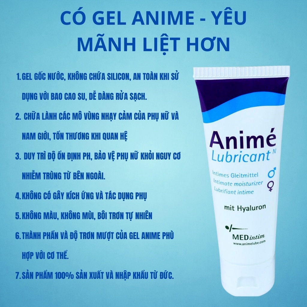 Gel bôi trơn gốc nước Medintim Anime nhập khẩu Đức tuýp 50 ml, hỗ trợ quan hệ tình dục nam nữ [Halongstars]