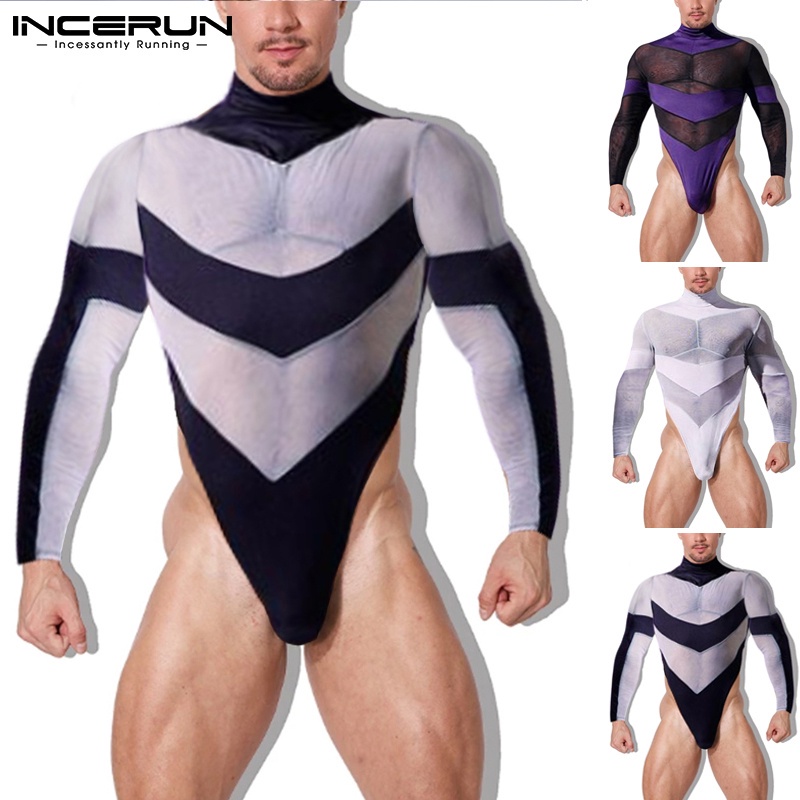 Áo liền quần INCERUN vải ghép nối xuyên thấu tay dài cổ cao cho nam