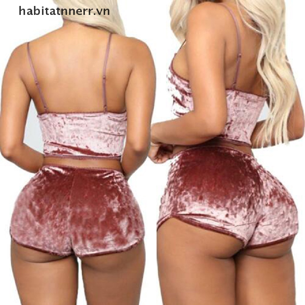 Set đồ ngủ hai mảnh gồm áo croptop + quần short vải nhung thời trang quyến rũ cho nữ