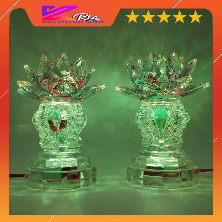 Bộ 2 đèn thờ hoa sen đá pha lê, Đèn thờ led pha lê bông sen búp đào nguyên khối đế đồng đổi màu cao cấp (PL 37)