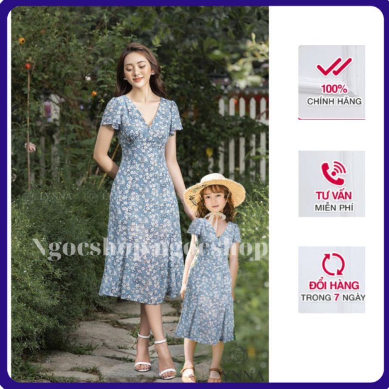 Váy đôi mẹ và bé gái hoa nhí cổ chũe v xẻ tà Giá gồm mẹ và bé