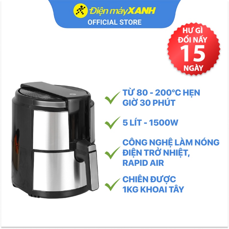 [Mã ELHADEV giảm 4% đơn 300K] Nồi chiên không dầu Mishio MK-221 5 lít công suất 1500W - Hàng chính hãng BH 24 tháng