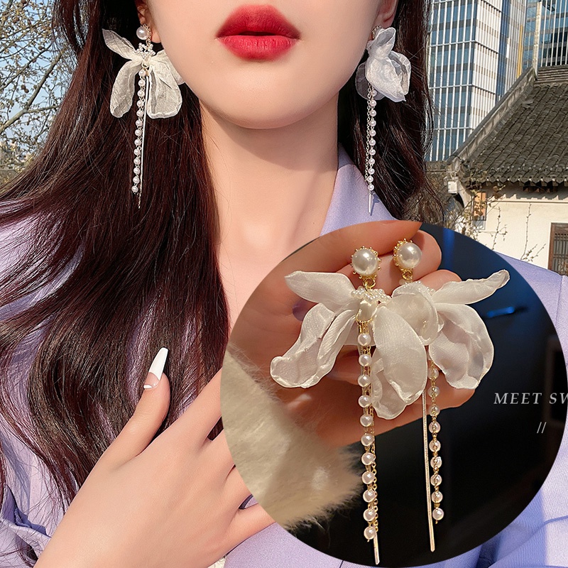 Bông Tai Bạc 925 Đính Ngọc Trai Tua Rua Phong Cách Hàn Quốc Thời Trang