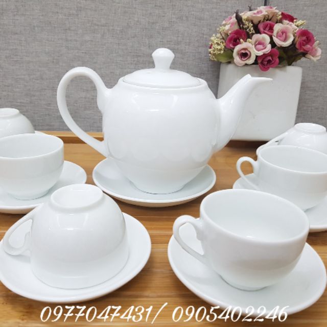 Ấm chén Bát Tràng cao cấp dáng Minh Long số 2 men trắng