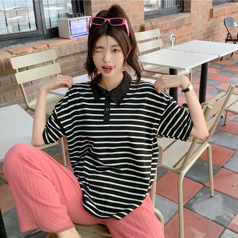 SUXI Áo polo Ngắn Tay Họa Tiết Kẻ Sọc Đen Trắng Phong Cách Vintage Dễ Phối Đồ