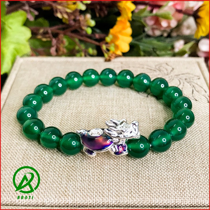 Vòng Tay Phong Thủy Mộc - Vòng Tay Mã Não Xanh lá 8mm Mix Long Quy Bạc Đổi Màu Độc Lạ V377-8