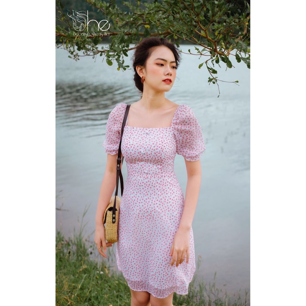 Váy cổ vuông 3 nút She, đầm nữ tay bồng dáng ôm đi chơi,công sở SD488 | BigBuy360 - bigbuy360.vn