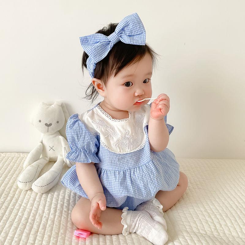 Bộ Áo Liền Quần Tay Ngắn Cổ Ren Kẻ Sọc + Băng Đô Thời Trang Mùa Hè Cho Bé Gái Sơ Sinh