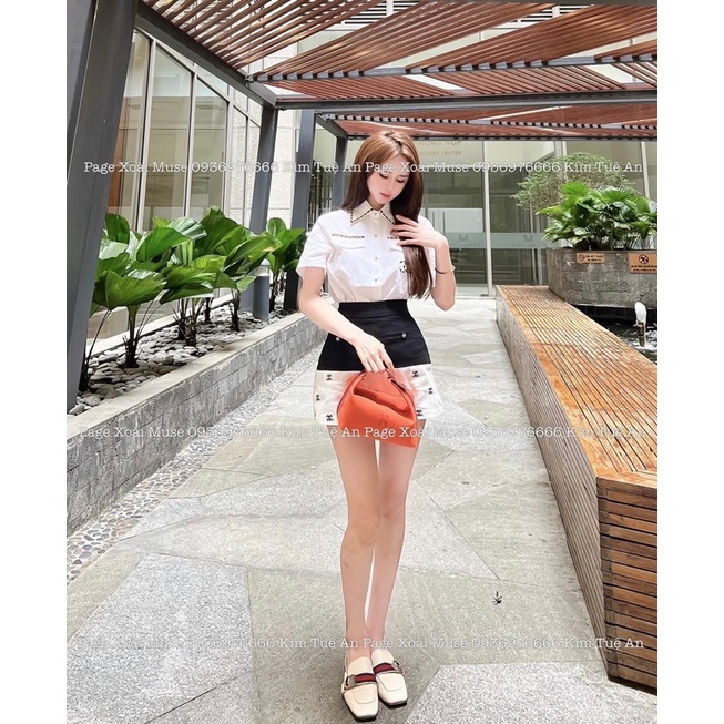 SET ÁO SƠ MI TRẮNG VIỀN ĐEN + CHÂN VÁY ĐEN PHỐI TRẮNG HOẠ TIẾT