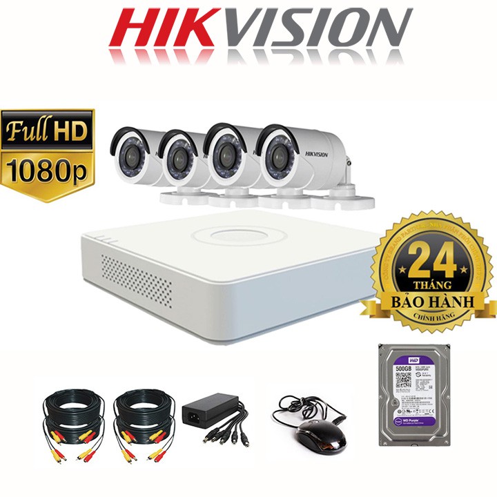 Trọn Bộ Camera giám sát Hikvision 2MP FHD 1080P - Chính Hãng - Đầy đủ Phụ kiện + HDD500GB [ Bộ 1-4 Mắt] | BigBuy360 - bigbuy360.vn