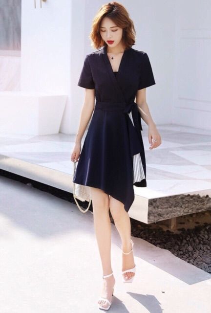 Đầm Nữ Xanh Đen Cột Eo Phối Sọc