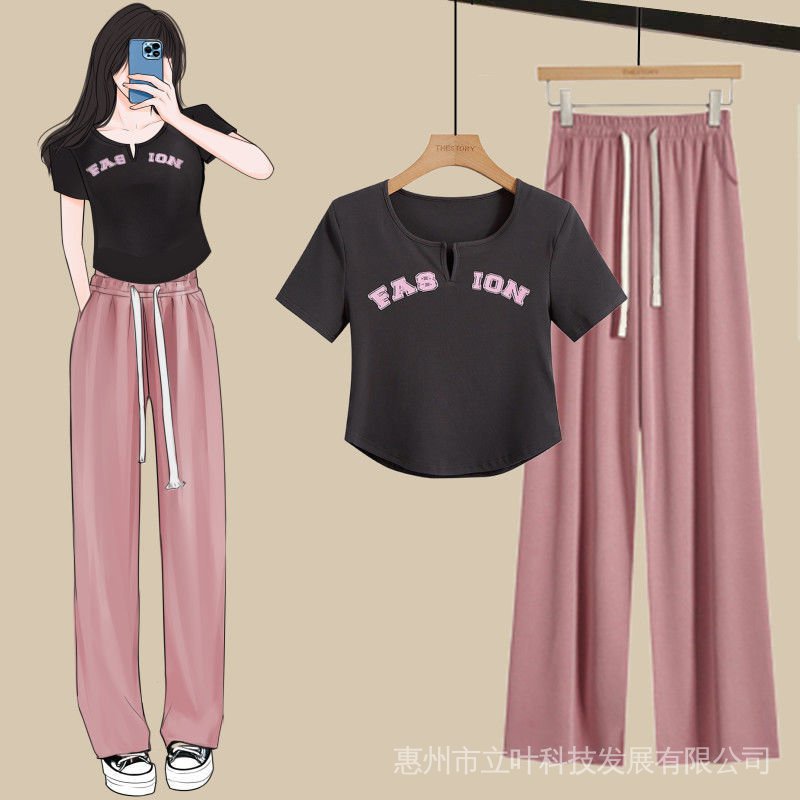 Set Áo Thun Tay Ngắn + Quần Dài Ống Rộng Thời Trang Mùa Hè Cho Nữ