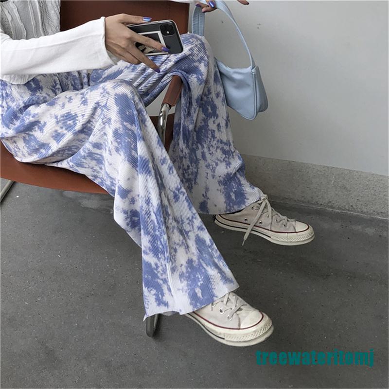 <new~>Loose Straight High Waist Long Boho Ruched Pleated Tie Dye Print Pant Casual Trouser