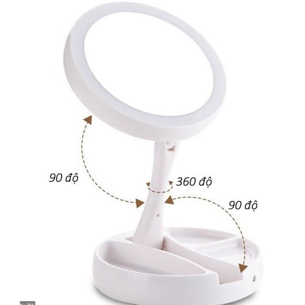 [Hàng loại 1] Gương trang điểm để bàn phấn có đèn led sạc 2 mặt xoay 360 độ mini gấp gọn