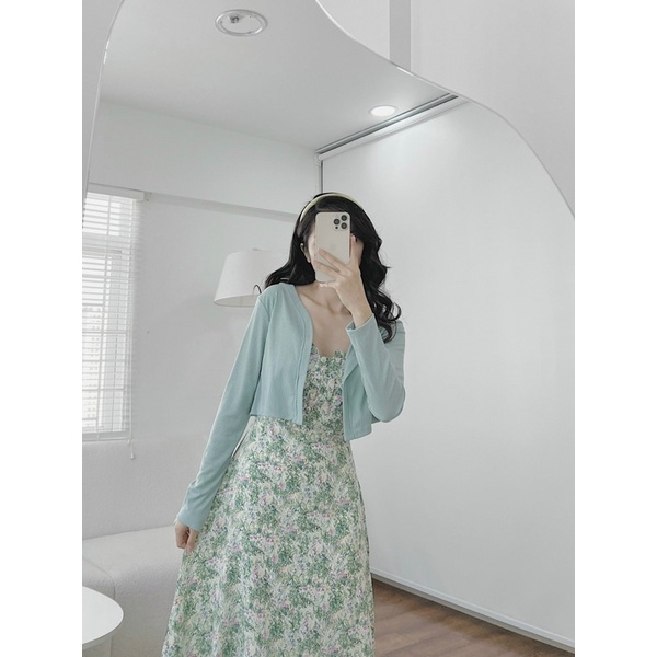 Set đầm hoa 2 dây kèm khoác xanh mint