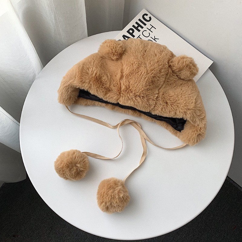 Mũ Trùm Đầu Mềm Mại Màu Trơn Đính Tai Gấu Bông Dày Dặn Ấm Áp Chống Gió Phiên Bản Nhật Bản Dễ Thương Cho Nữ Rai Feng