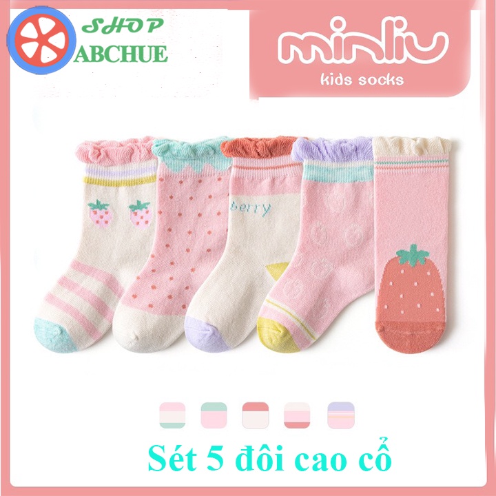 Tất Vớ Trẻ Em Minliu Hình Dâu Tây Cho Bé Từ 1 – 12 Tuổi Chất Cotton Set 5 Đôi