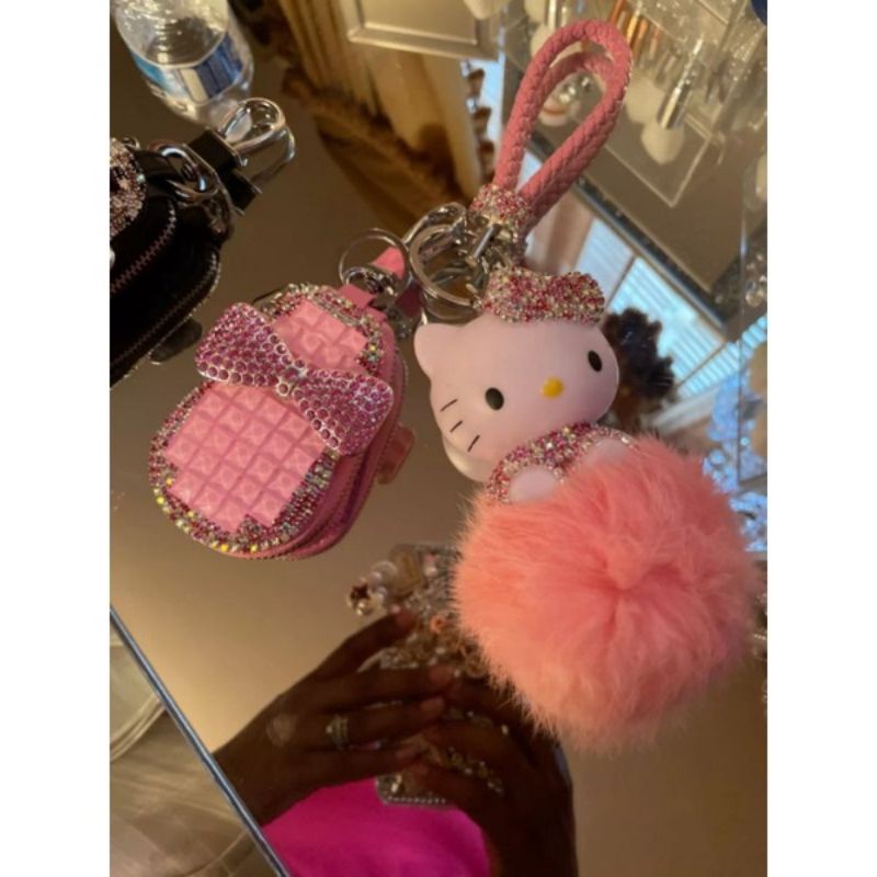 Ví Hello Kitty Phụ Kiện pompom Đầy Đủ| Ví Chìa Khóa Ô Tô bling bling