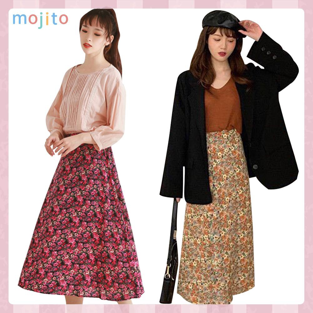 MOJITO Fashion Women Flower Printing Skirt Casual High Waist Loose Midi Skirts
