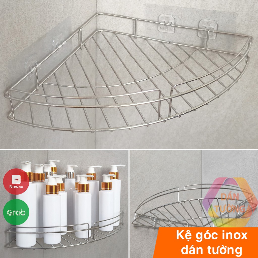 Kệ góc nhà tắm inox dán tường MDT, giá móc treo đồ nhà tắm inox 201 đựng dầu gội đầu sữa tắm đa năng - KG1