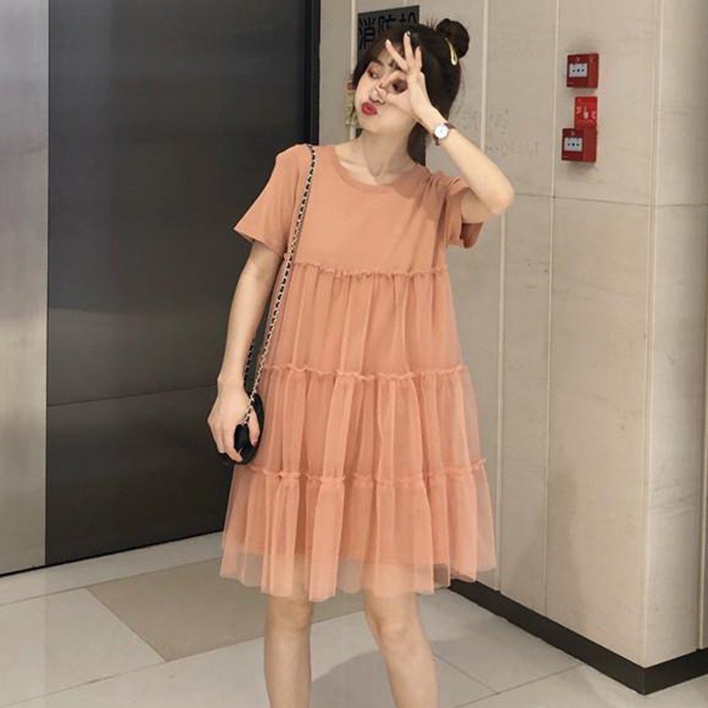 Đầm tay ngắn cổ tròn phối lưới thanh lịch