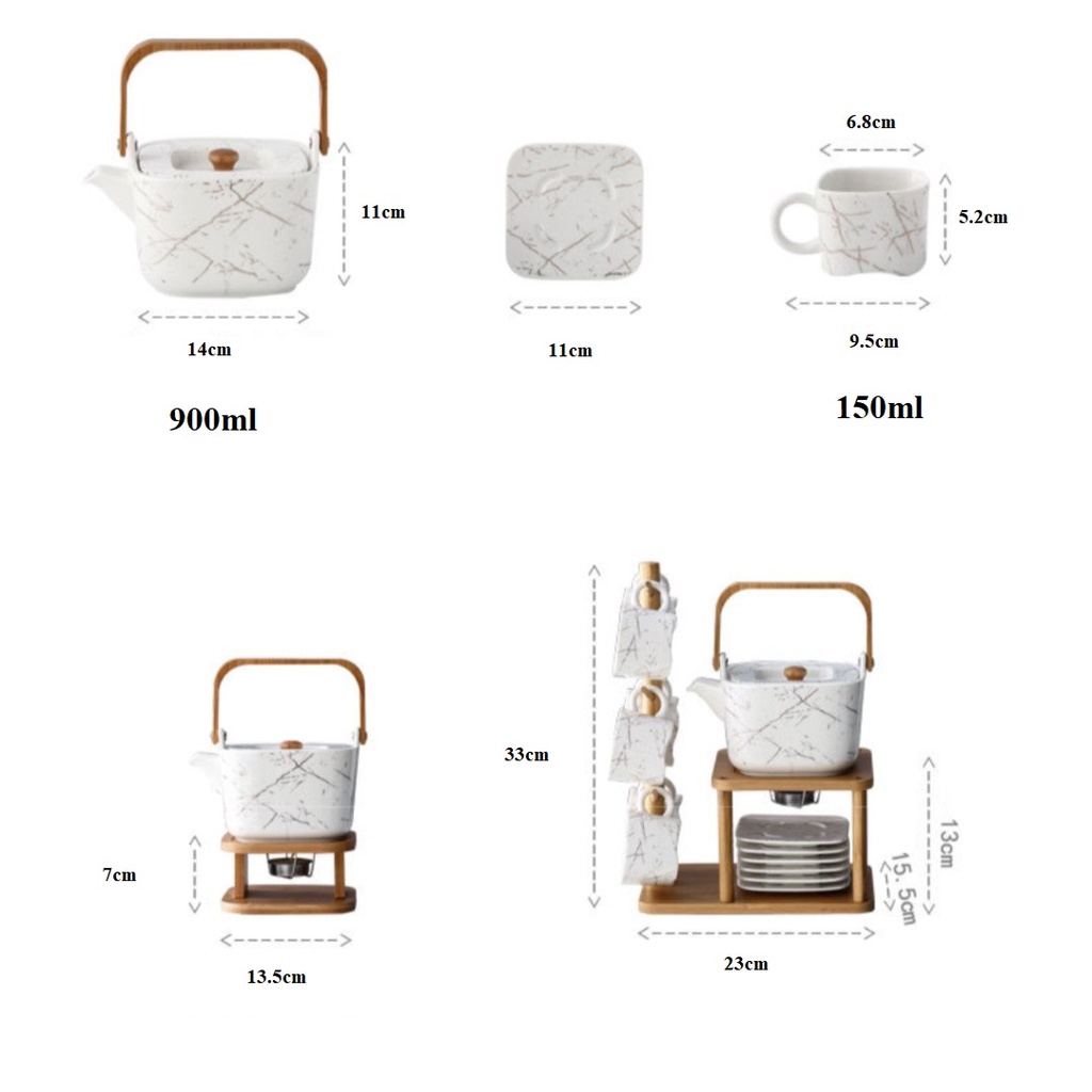 Bộ ấm chén dáng vuông họa tiết vân đá, kèm giá treo cốc độc đáo 7.118