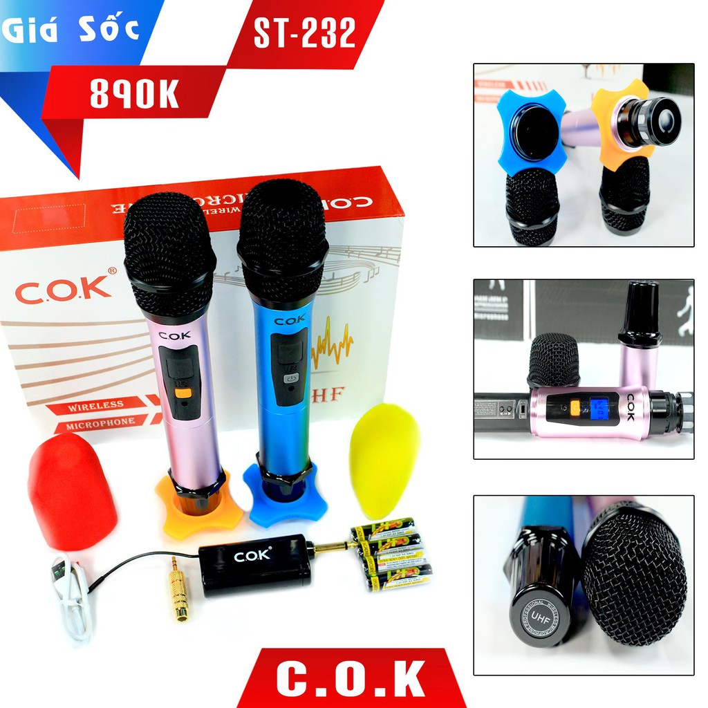 Micro Không Dây COK ST-232 (2 Micro) [Phù Hợp Với Loa Kéo & Dàn Âm Ly, Jack 6.5, Bắt Âm Tốt] - Hàng Mới Chính Hãng 100%