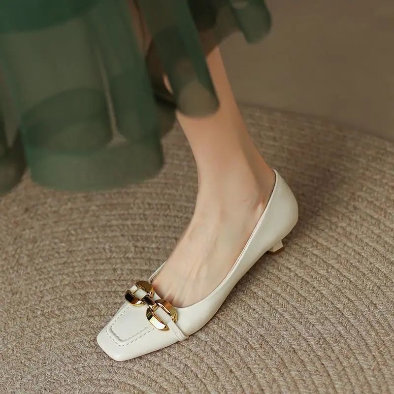 Giày Cao Gót 3cm Mũi Vuông Chất Liệu Da Mềm Phong Cách Pháp Thanh Lịch Cho Nữ