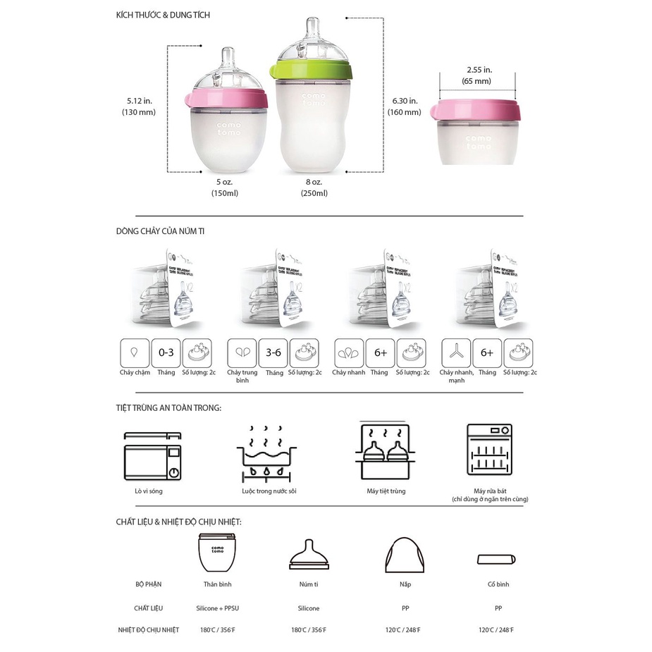 Bình Sữa Comotomo 150ml/250ml Núm Silicon Siêu Mềm - TẶNG KÈM TAY CẦM