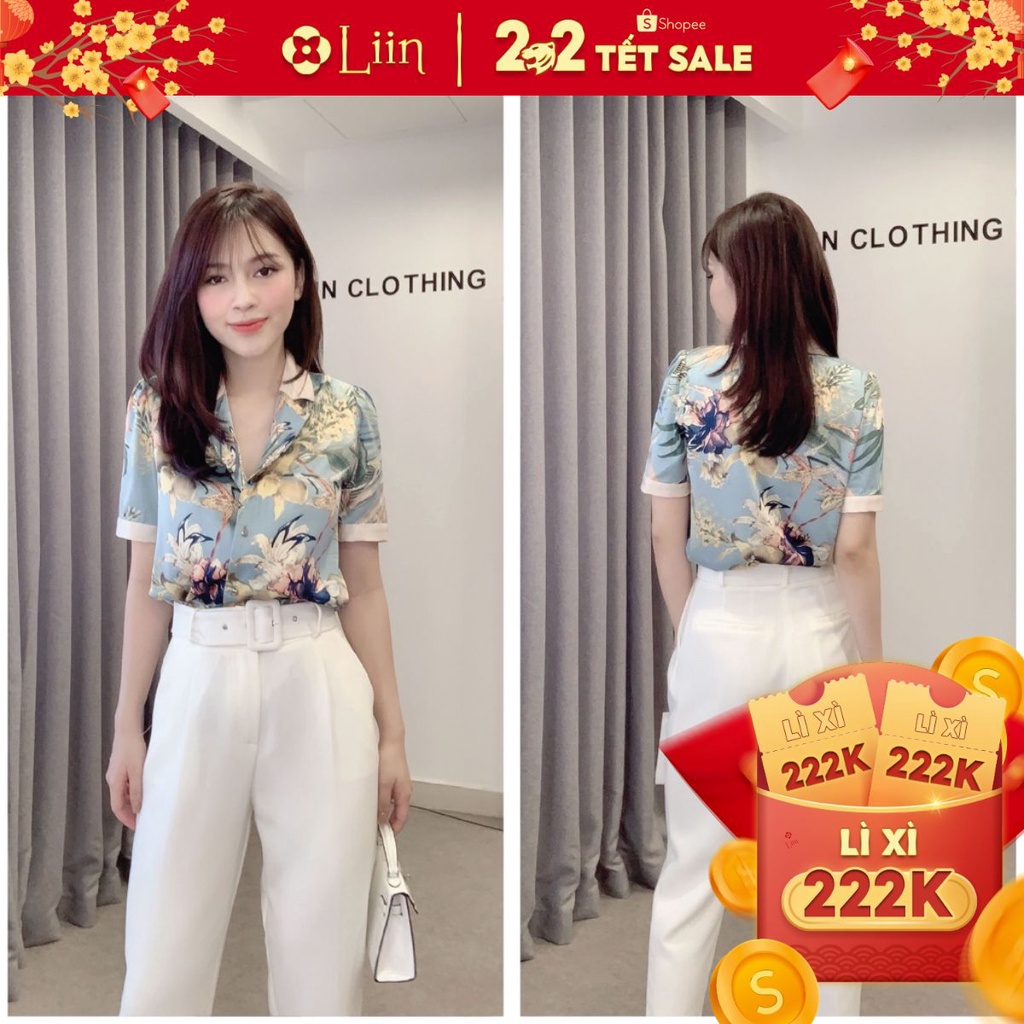Áo sơ mi nữ Cổ 2 Ve, tay ngắn chất lụa đẹp họa tiết Hoa Xanh xinh xắn Liin Clothing SM3558